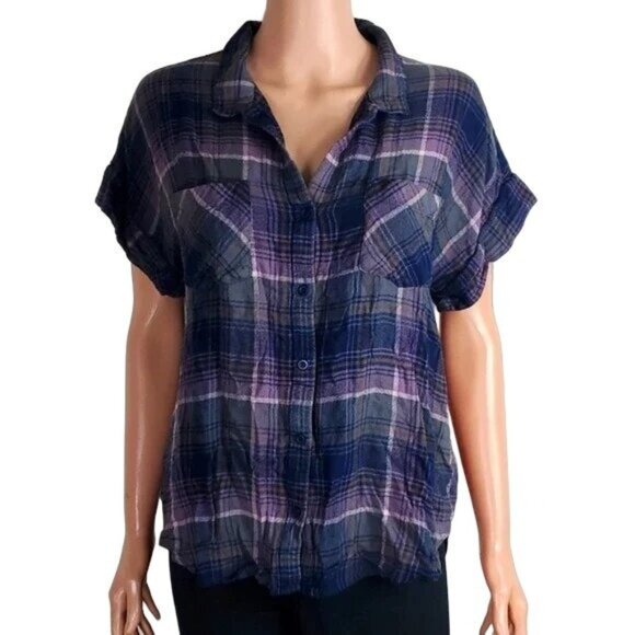 Anthropologie Cloth & Stone Purple Plaid Button Down Top - Picture 1 of 6